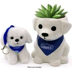 NEW Lowe's Mini White Dog Ceramic Succulent Planter + Plush Keychain Exclusive